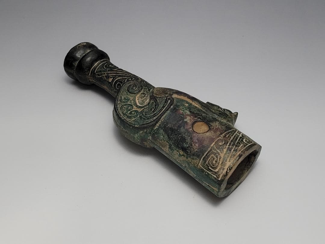 青銅製 陽刻鳥型文 刀柄 春秋戦国時代 高さ約15.7cm