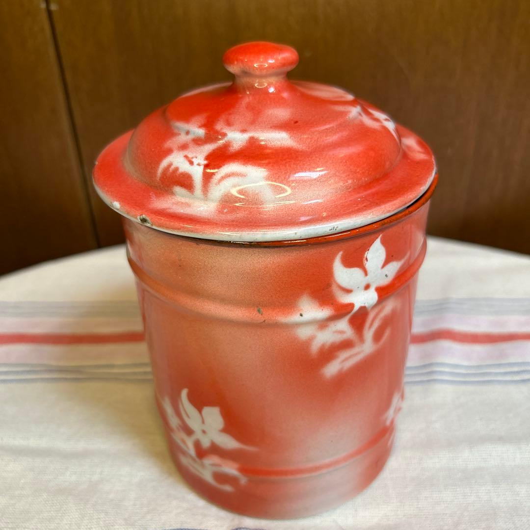 美品フランスアンティーク赤、白花柄ホーローキャニスターFARINE(小麦粉入れ）
