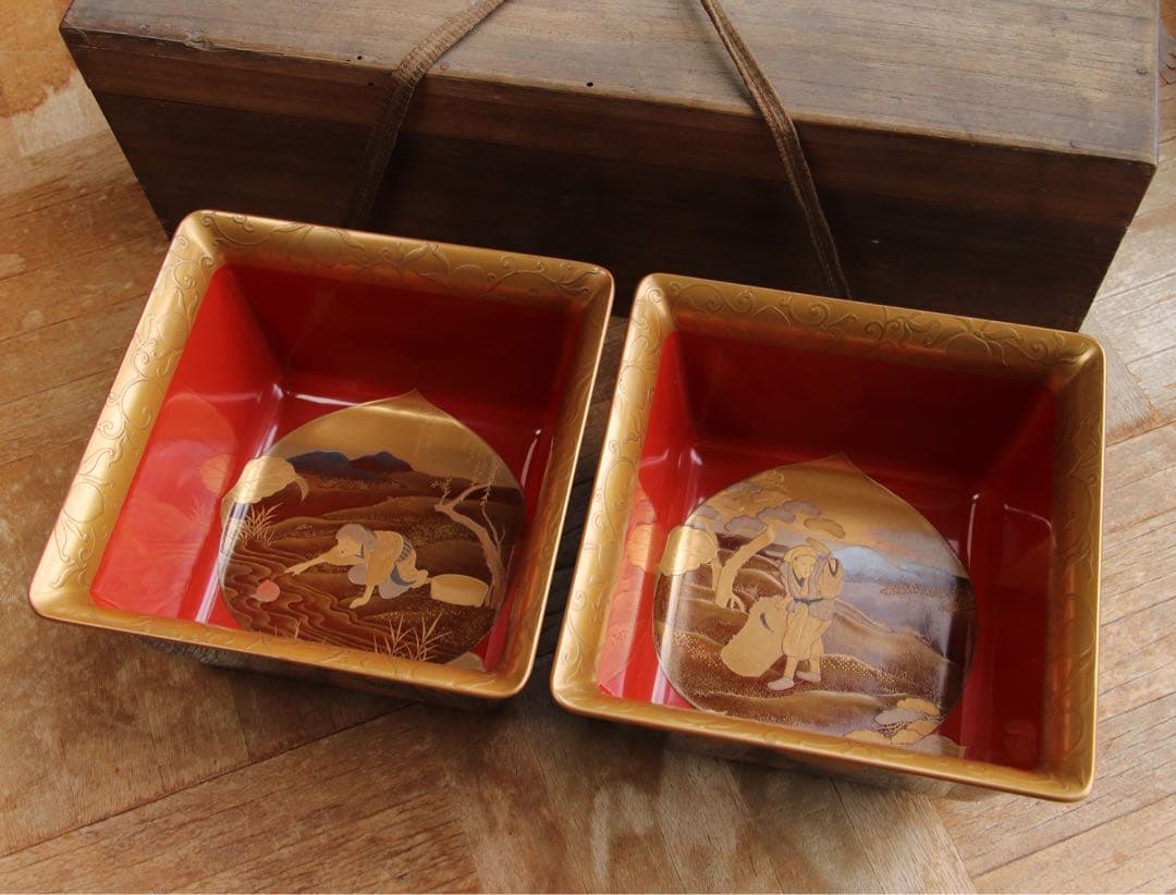 珍品　桃太郎蒔絵　盃洗　杯洗　一対　木箱　金蒔絵　木製漆器　時代物