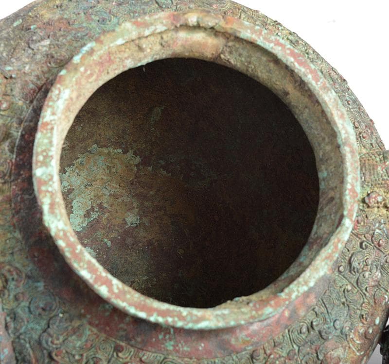 中国　古銅青銅　饕餮文神獣形　持ち手付尊　M R4502