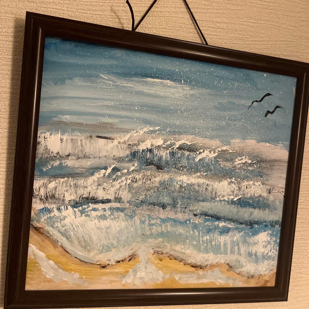 海の風景 水彩画 木製フレーム付き27ｃｍ25ｃｍ