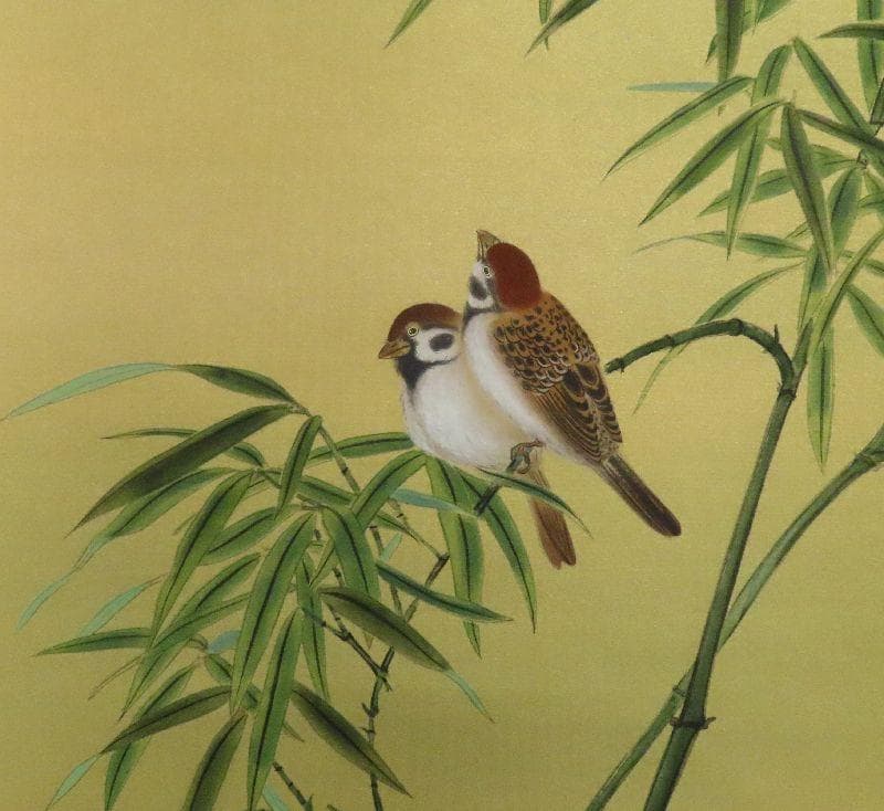 【こもれび】　●掛軸●　國井道成　　『竹に雀』　肉筆　共箱