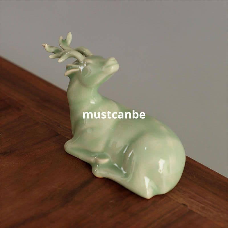 天青釉陶磁器 鹿 茶台茶寵 書房文鎮 書斎博古架 装飾品 工芸品 置物