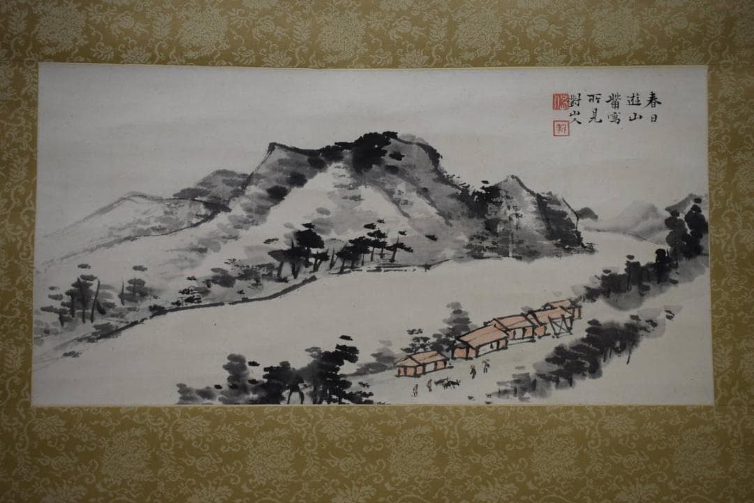 真作/日根対山/春日遊山所見/山水人物図/布袋屋掛軸HG-392