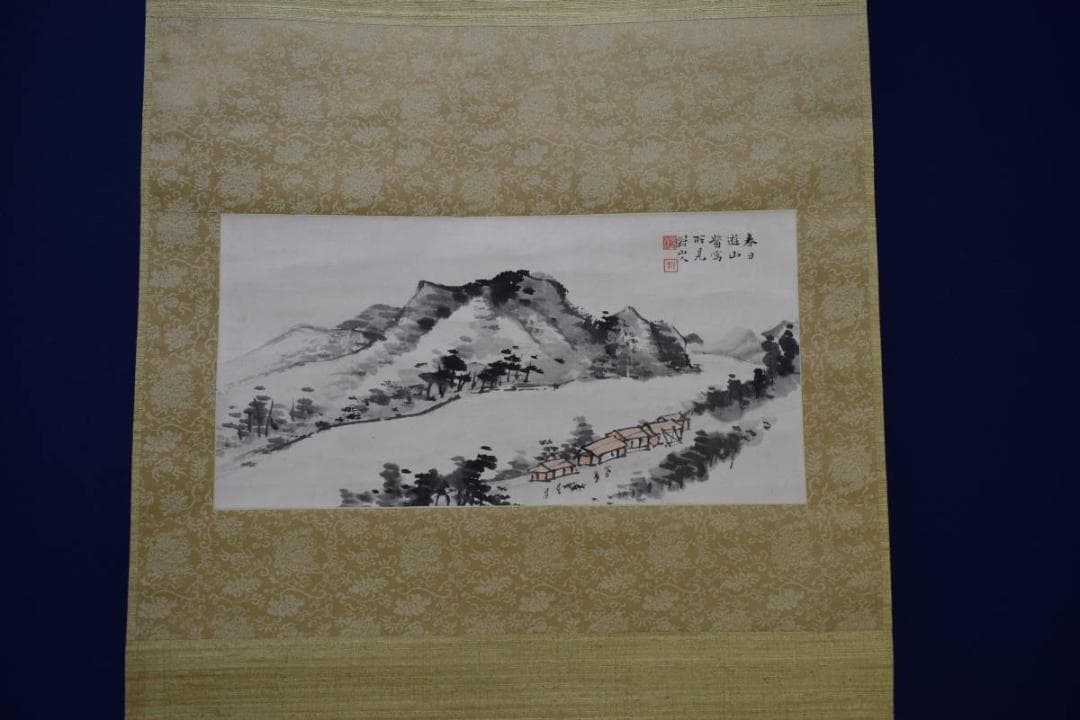 真作/日根対山/春日遊山所見/山水人物図/布袋屋掛軸HG-392