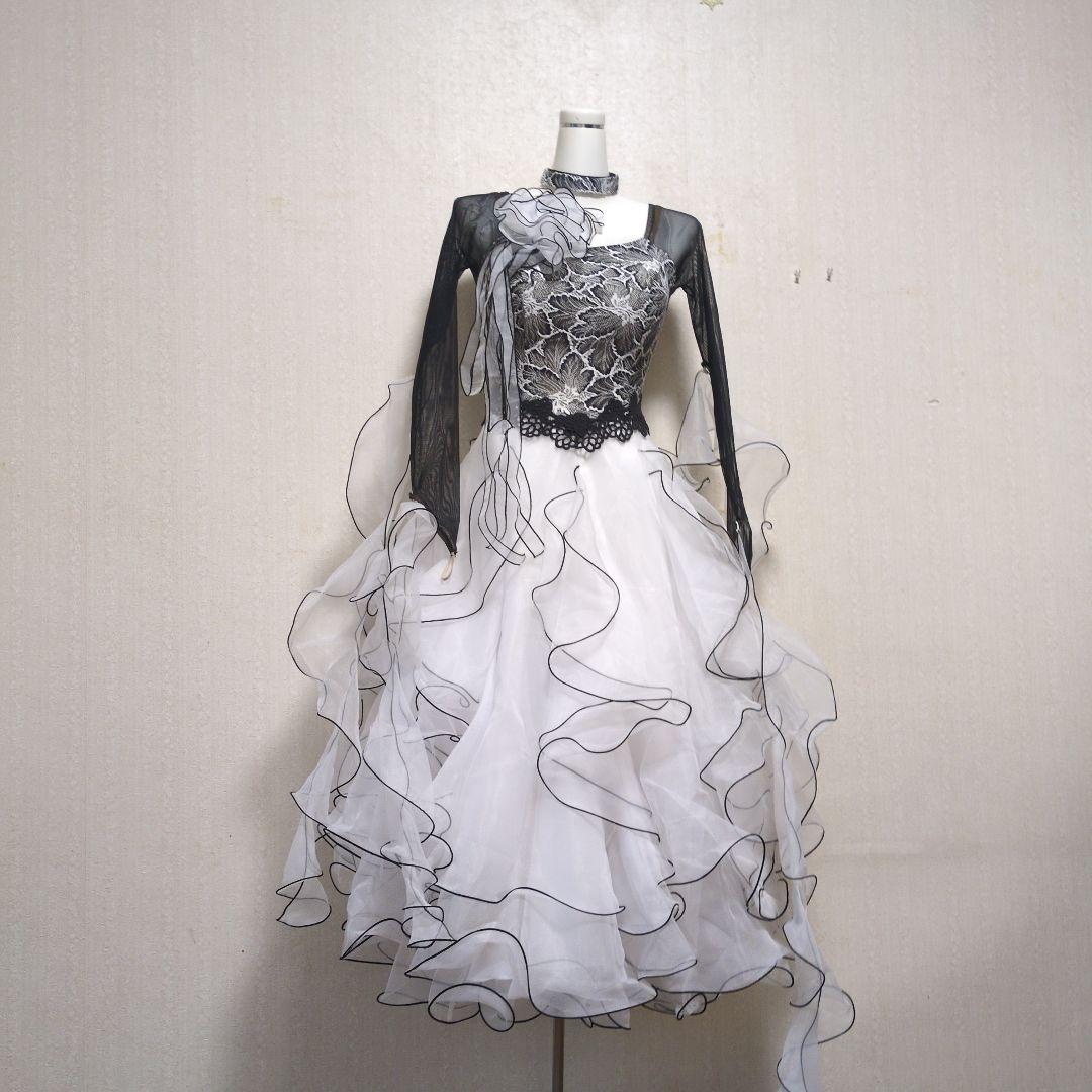 社交ダンス　スタンダード　ドレス　白黒レース　 ワンピース パスタイム　日本製