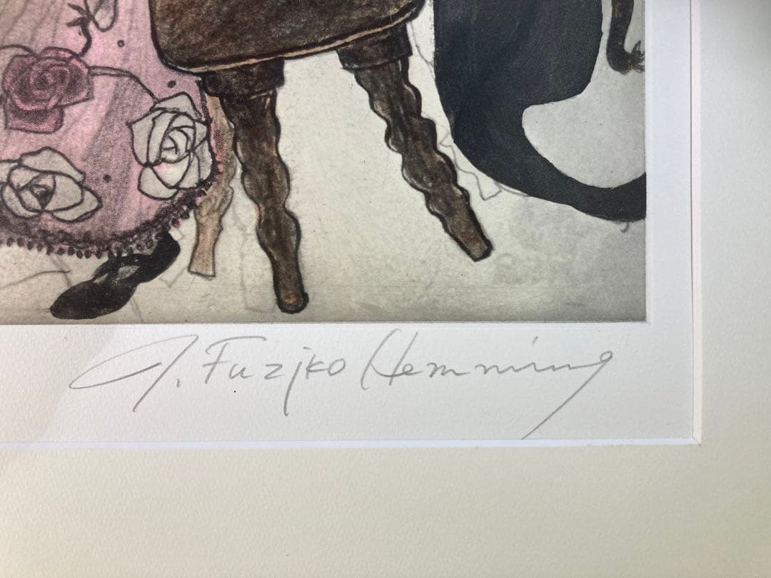 【真作保証】フジ子・ヘミング「「道ばたの椅子」銅版画 直筆サイン 版画