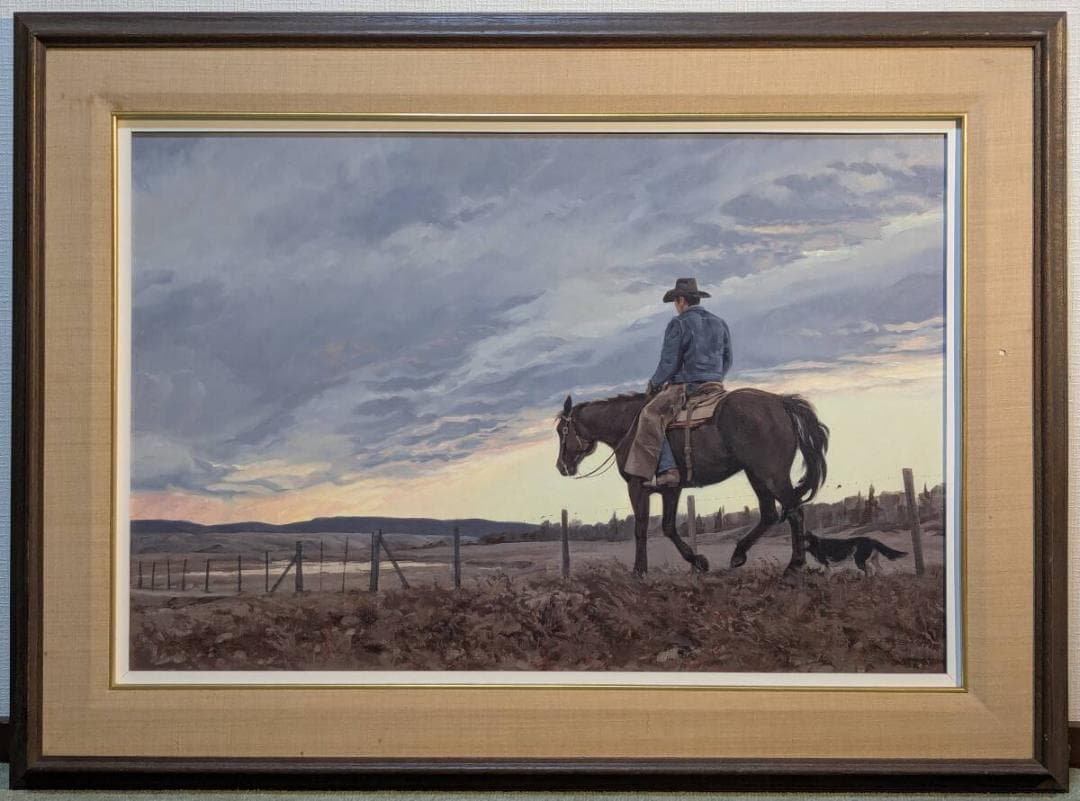 【真作】絵画　油彩　夕暮れのカウボーイと馬　牧場風景　ウエスタンアート　Y183