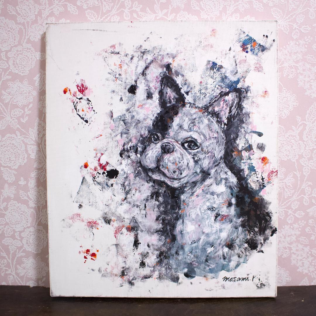 「フレンチブルドック、片パイド」F8 キャンバス 原画 アクリル画 額なし