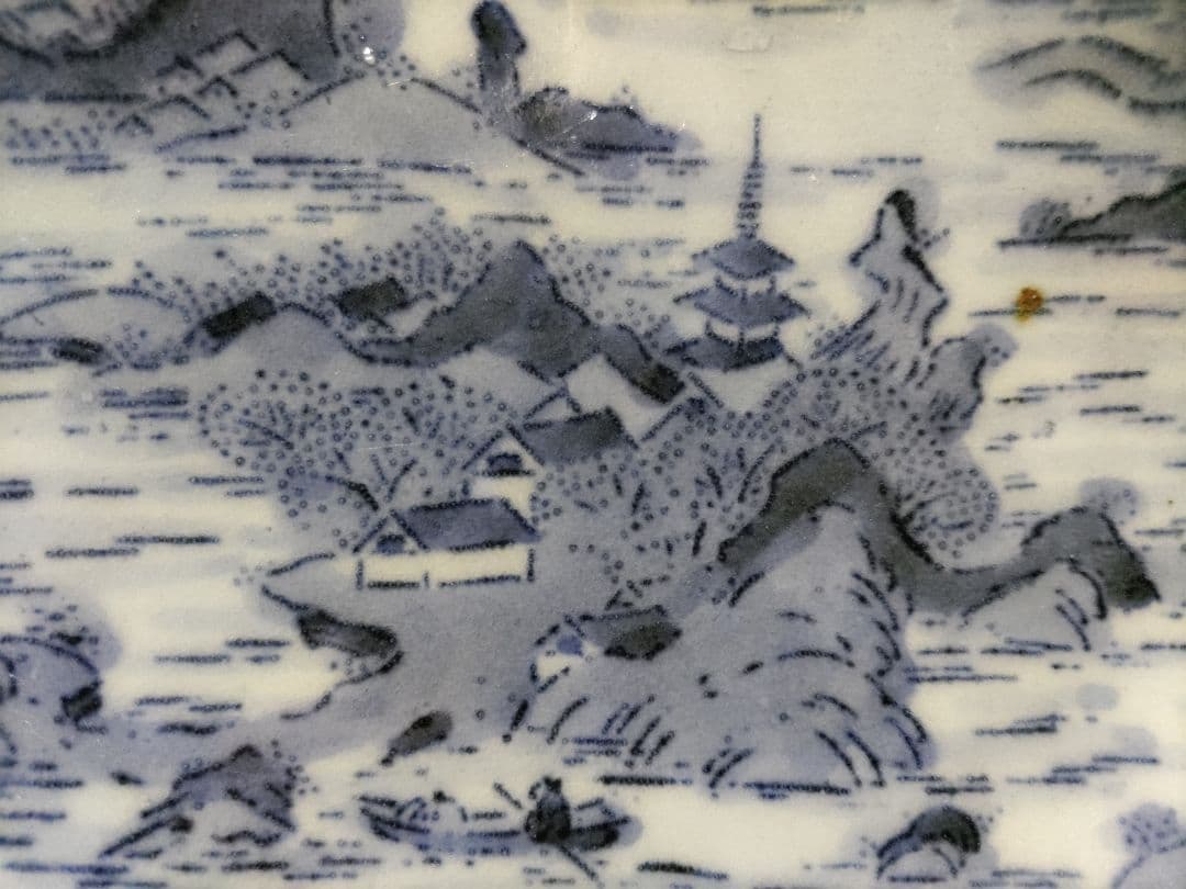 古伊万里　型紙摺　印判　入隅　菱形　皿（21×17cm）二重角福　藍柿