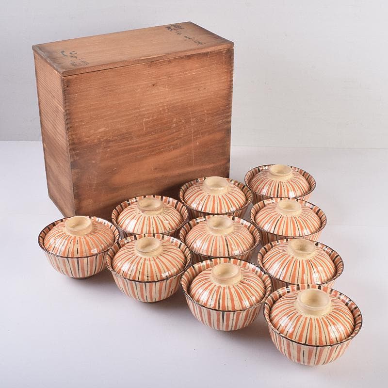 瀬戸焼　古瀬戸　加藤作助作　麦藁手　飯茶碗　蓋碗　十客　共箱　F　R8861B