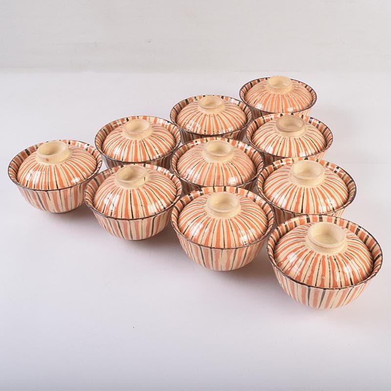 瀬戸焼　古瀬戸　加藤作助作　麦藁手　飯茶碗　蓋碗　十客　共箱　F　R8861B