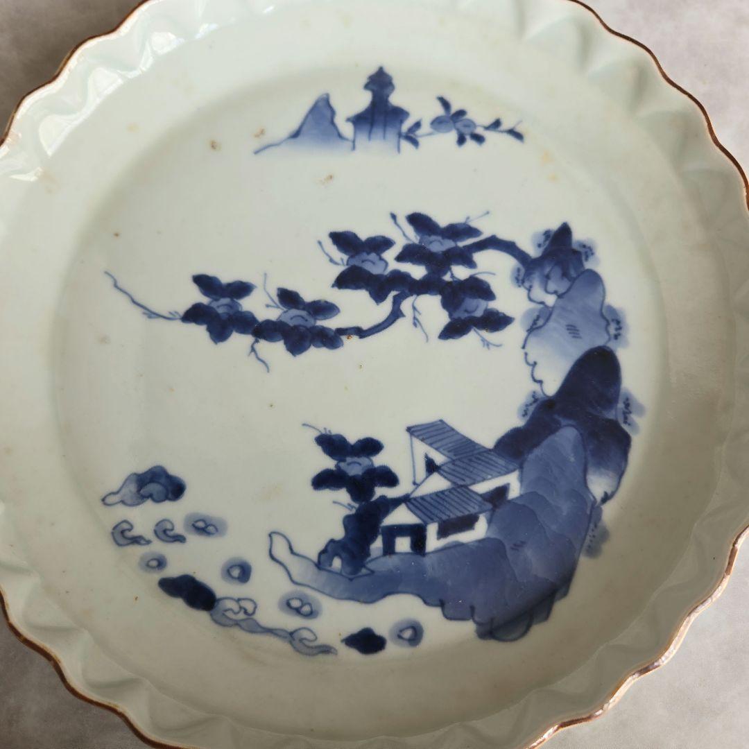 古伊万里　染付　輪花　七寸皿　江戸時代　金直し　金継ぎ　骨董　日本　アンティーク