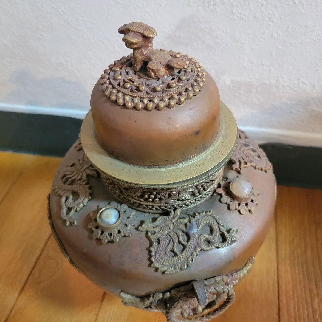 ヴィンテージ品　金属製ドラゴン装飾　銅壺