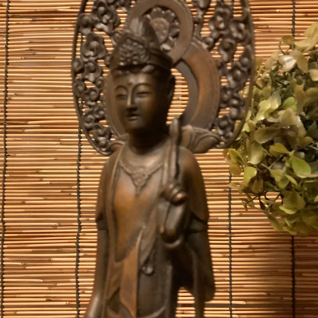 大正〜昭和期「聖観世音菩薩立像」仏教三大信仰・観音経・般若心経・銅・仏師銘刻印