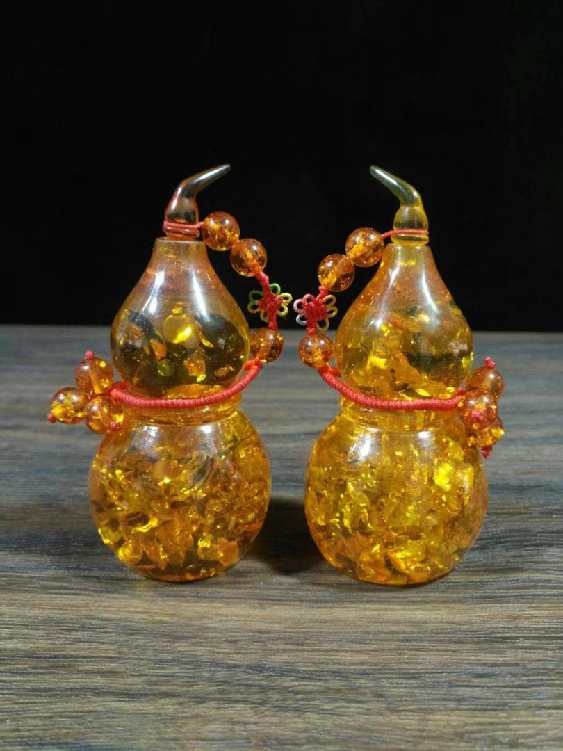 中国古美術・旧蔵・琥珀のヒョウタンセット・純手作り・細密彫・文房置物・風水置物