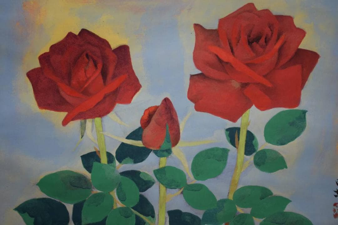 真作/笠原可雄/バラ図/美品/桐共箱付/布袋屋掛軸HE-277