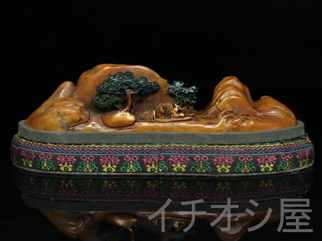 田黄石彩絵山水人物筆架 寿山石彫り 細密彫 文房置物 書道品 文房聖品 風水開運