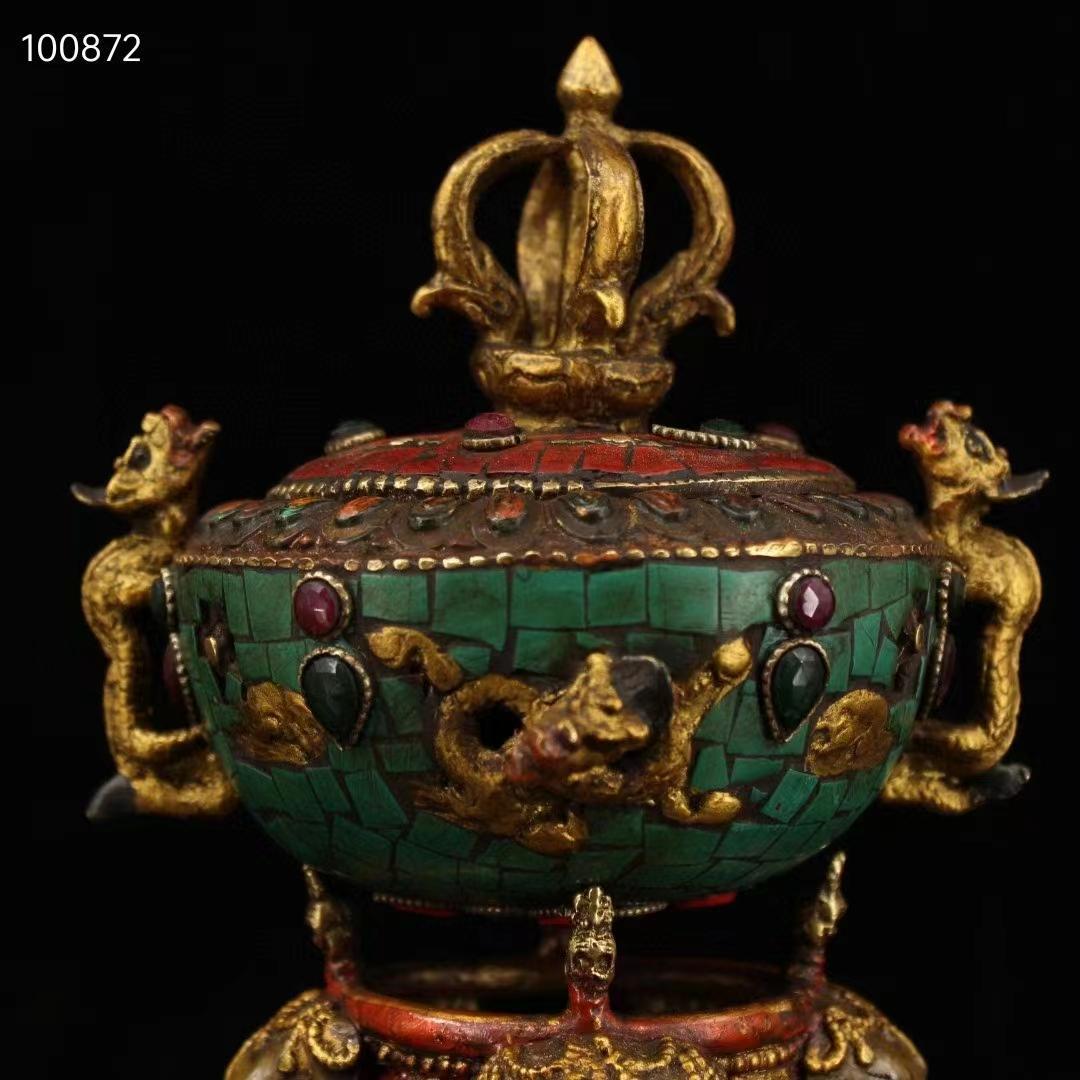 中国古美術・老純銅製・純手作り・鎏金高浮彫香炉・镶嵌宝石 ・熏香炉・置物・文房具