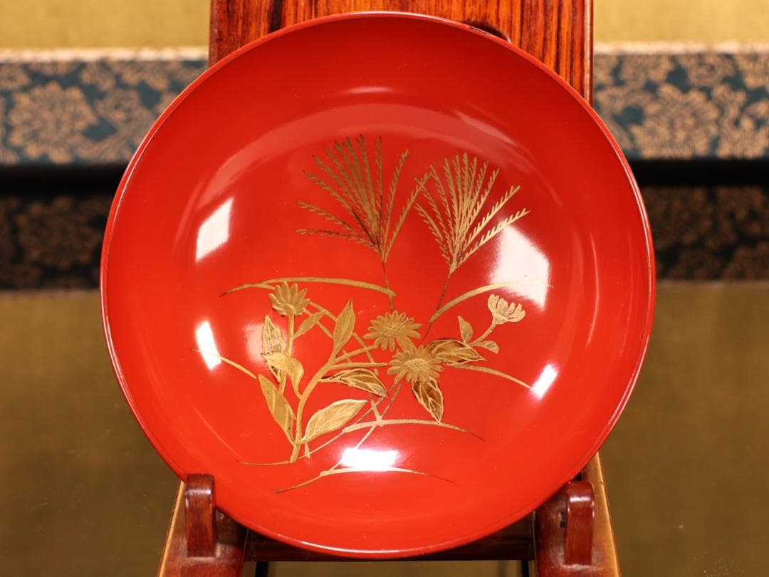 BK422　時代輪島塗　草花図金蒔絵　吸物椀　二客　木製　茶道具 懐石 菓子