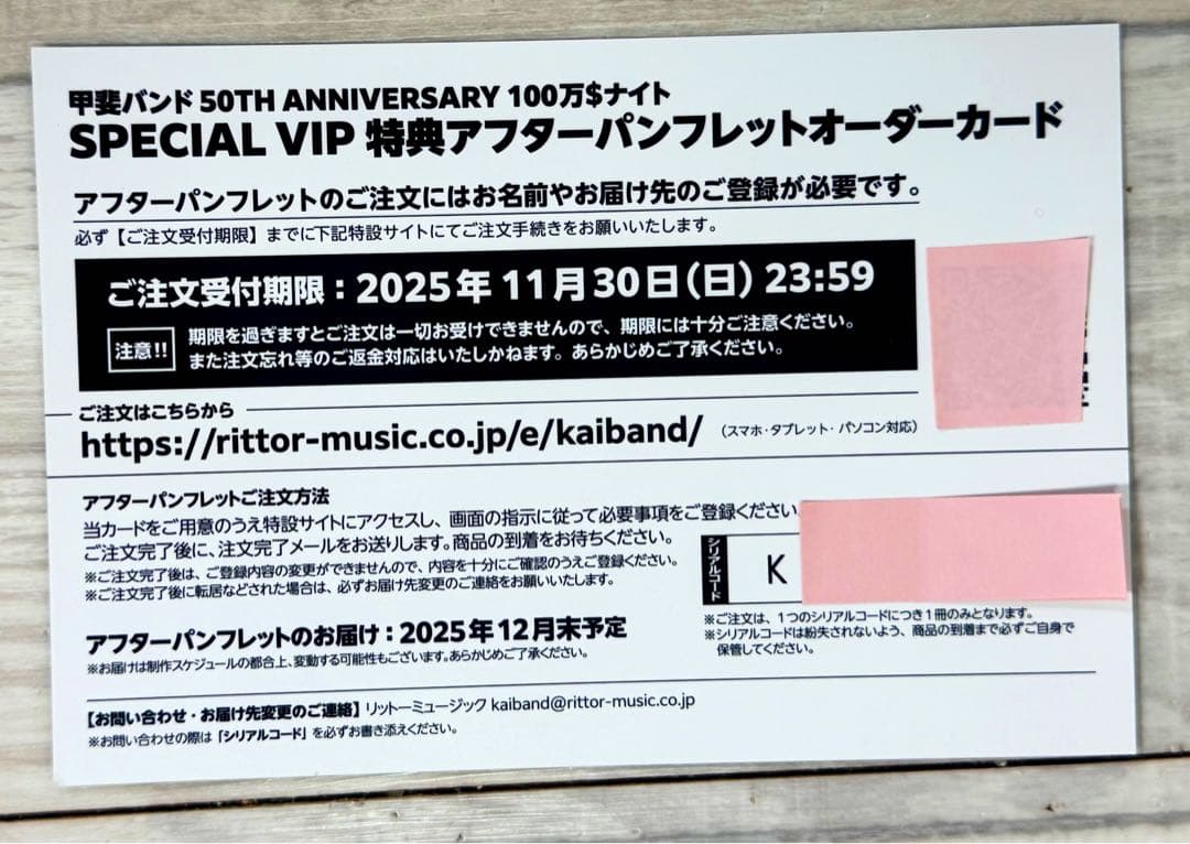 甲斐バンド武道館ライブスペシャルVIP特典パンフレットオーダーカードスノードーム