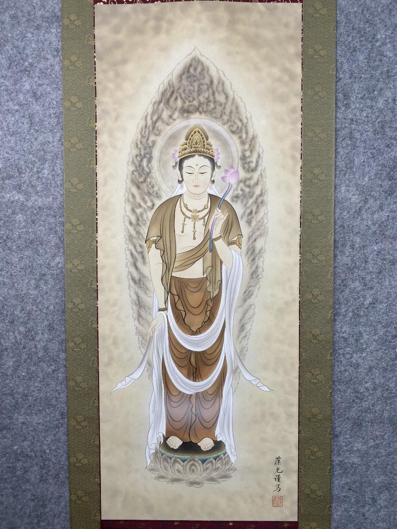 島田葆光【真作】観音図 美品 日本画 絹本 明治 共箱 掛軸24051703