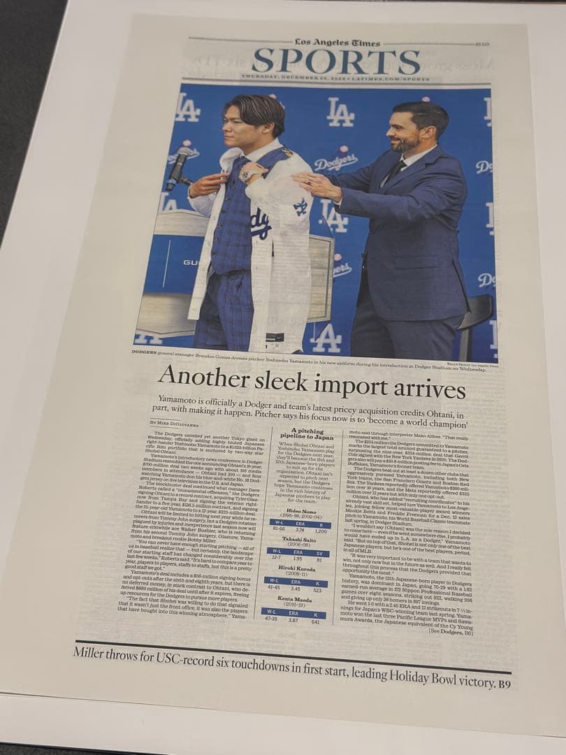 ドジャース 山本由伸 『入団記念号』超激レア ロサンゼルスタイムズ　額縁入り