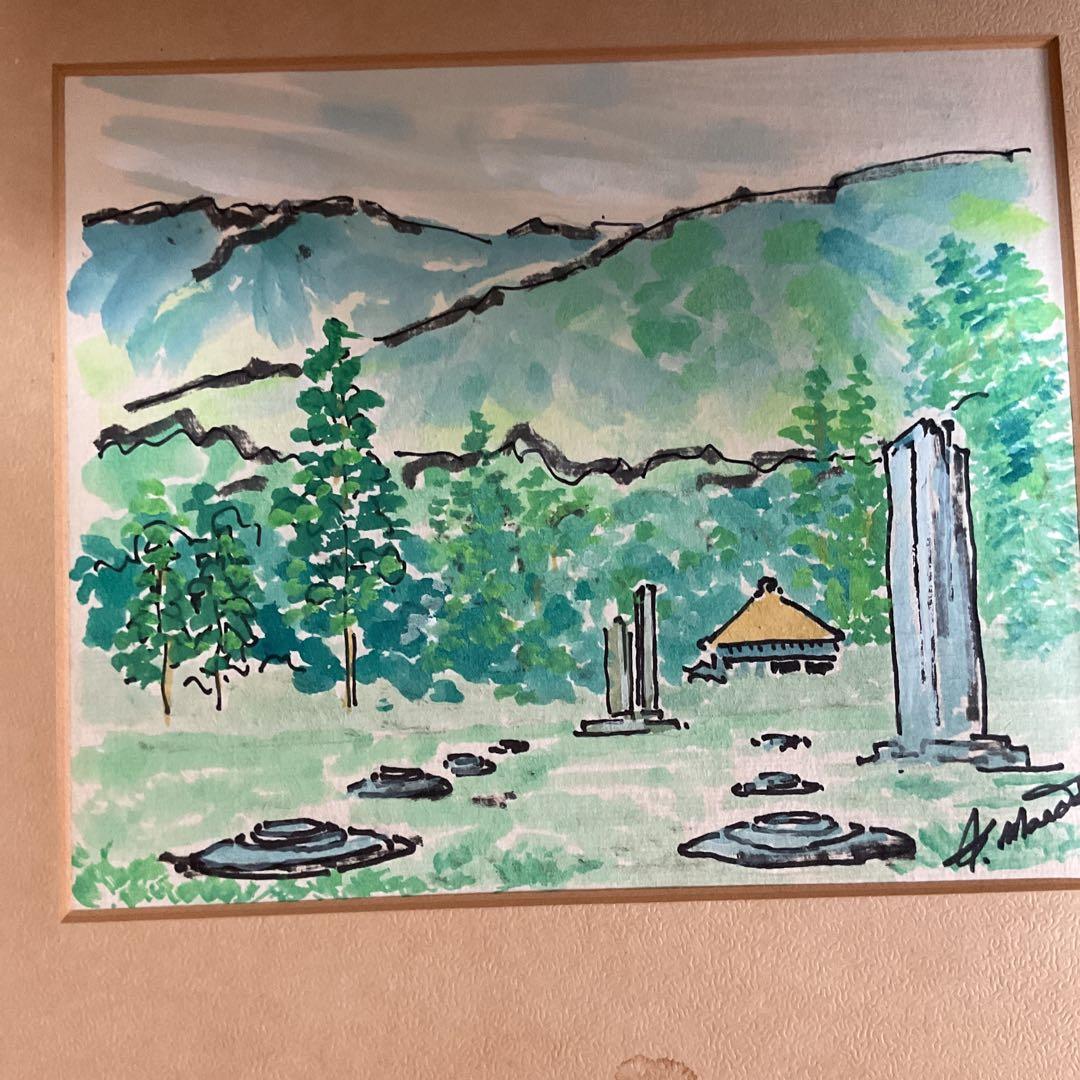 色紙水彩画 福岡県太宰府 都府楼跡 作者不詳ですがサイン在