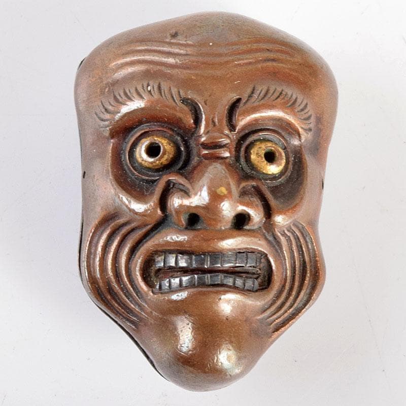 スー 時代金工　和装小物　古銅　能面帯留　時代箱付　M　R4979