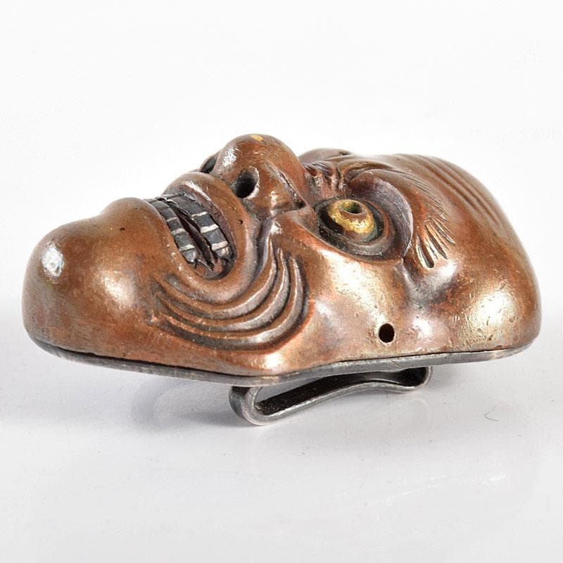 スー 時代金工　和装小物　古銅　能面帯留　時代箱付　M　R4979