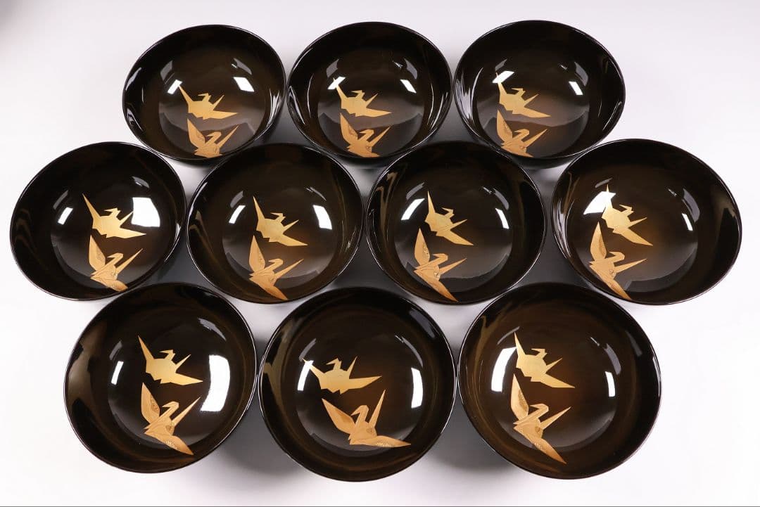 【MB179】金沢塗師 久世双〇 熨斗と折り鶴 金蒔絵 吸物椀 十客 天然木漆塗