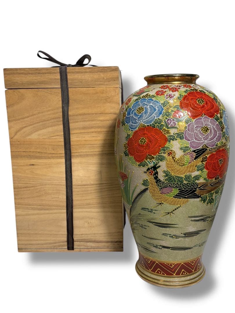 #薩摩焼 丸十字紋 色絵金彩 花鳥図 大壺 花瓶 木箱付き　S-12