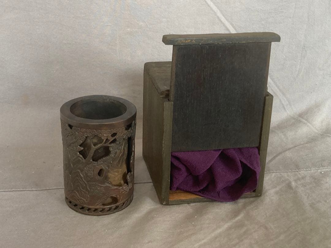 中国美術 古玩 古銅 細密 山水筆筒 書道具 唐物 透彫