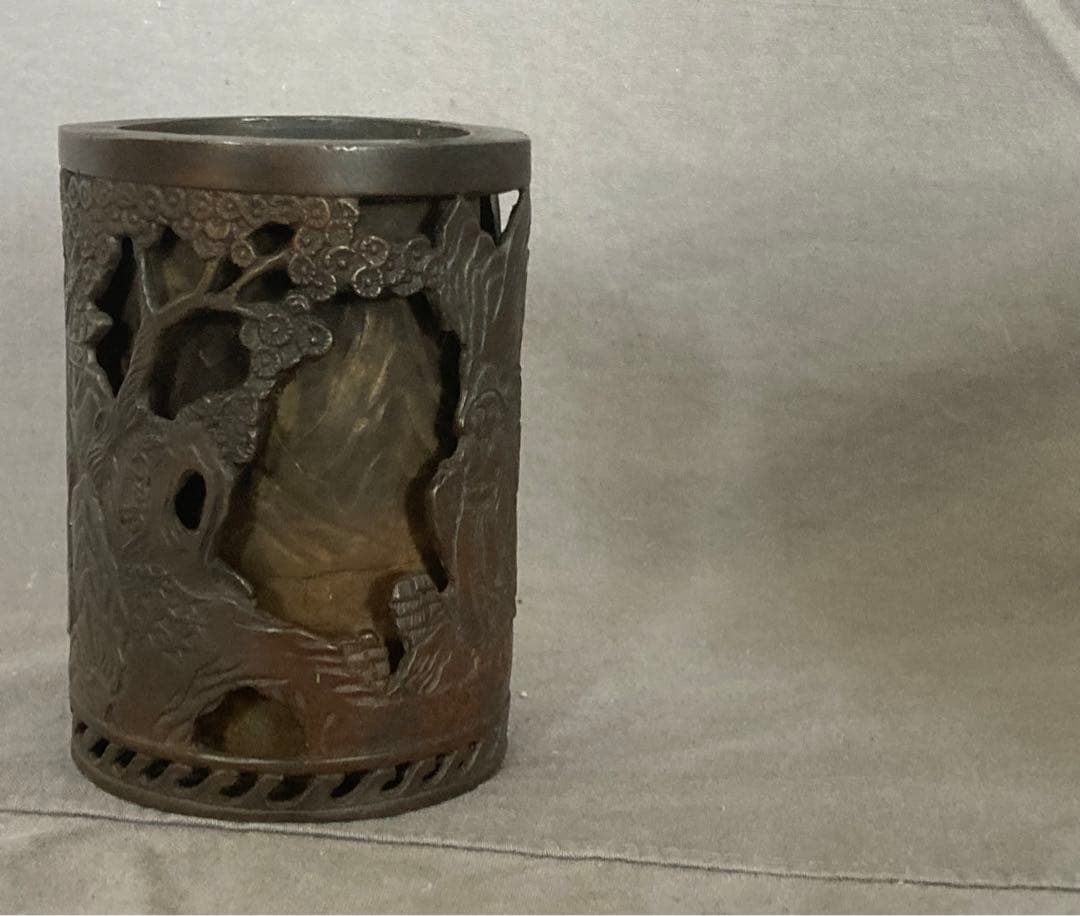 中国美術 古玩 古銅 細密 山水筆筒 書道具 唐物 透彫