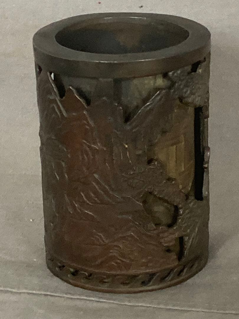 中国美術 古玩 古銅 細密 山水筆筒 書道具 唐物 透彫