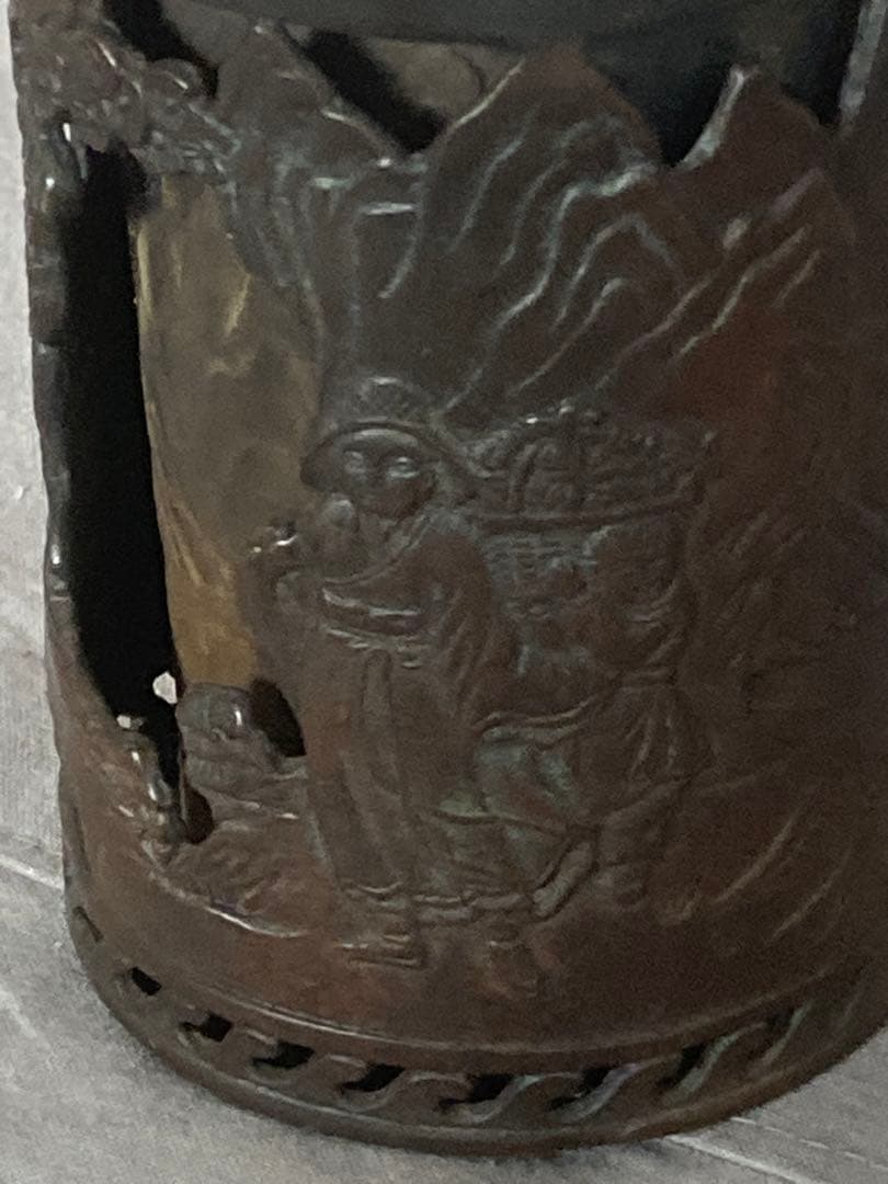 中国美術 古玩 古銅 細密 山水筆筒 書道具 唐物 透彫