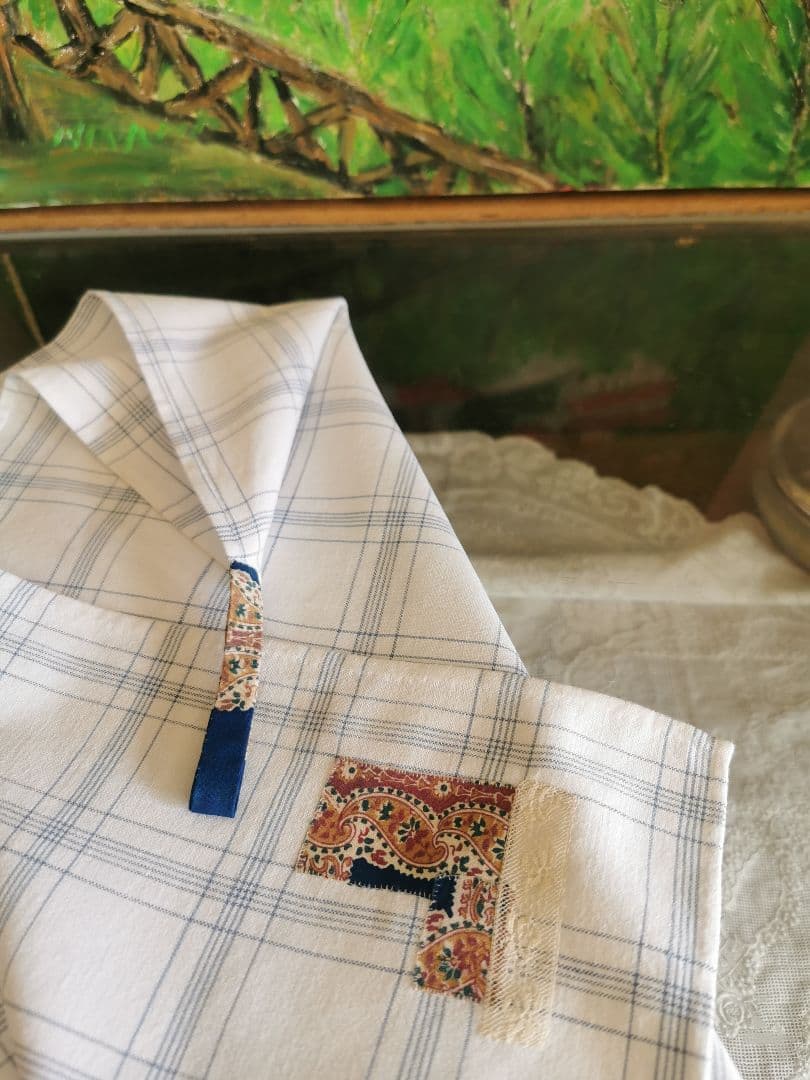 アンティーク インディゴ西洋花更紗アップリケ＆レース装飾付 ブルーチェッククロス