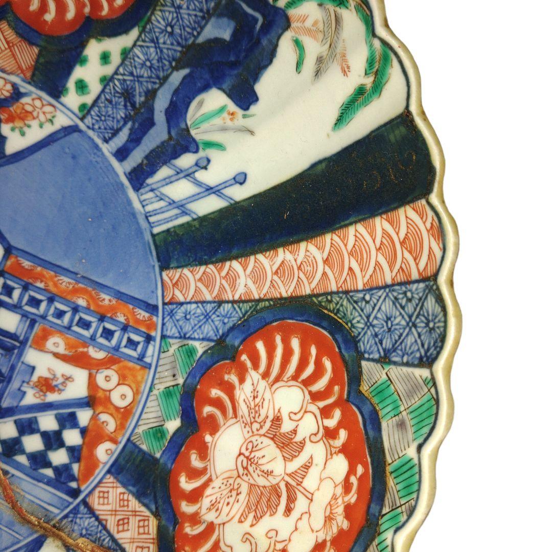 古伊万里　芙蓉手楼閣文菊皿　難あり　金継ぎ