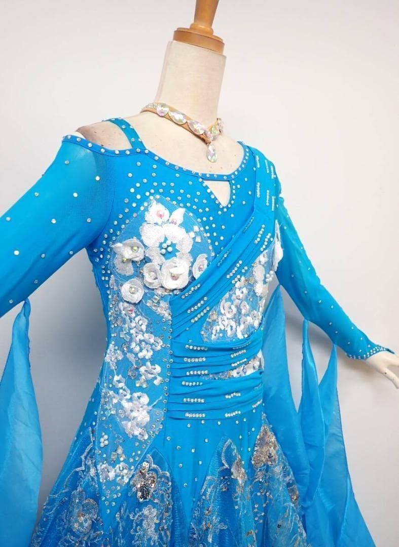 6355★MLサイズ★濃い水色/シルバー/スタンダードドレス☆社交ダンス