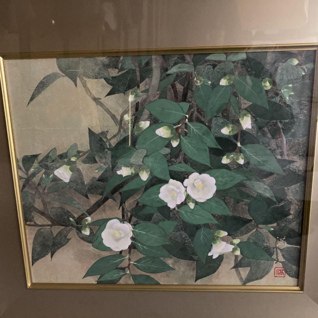 前原満夫　日本画　8号　白侘助