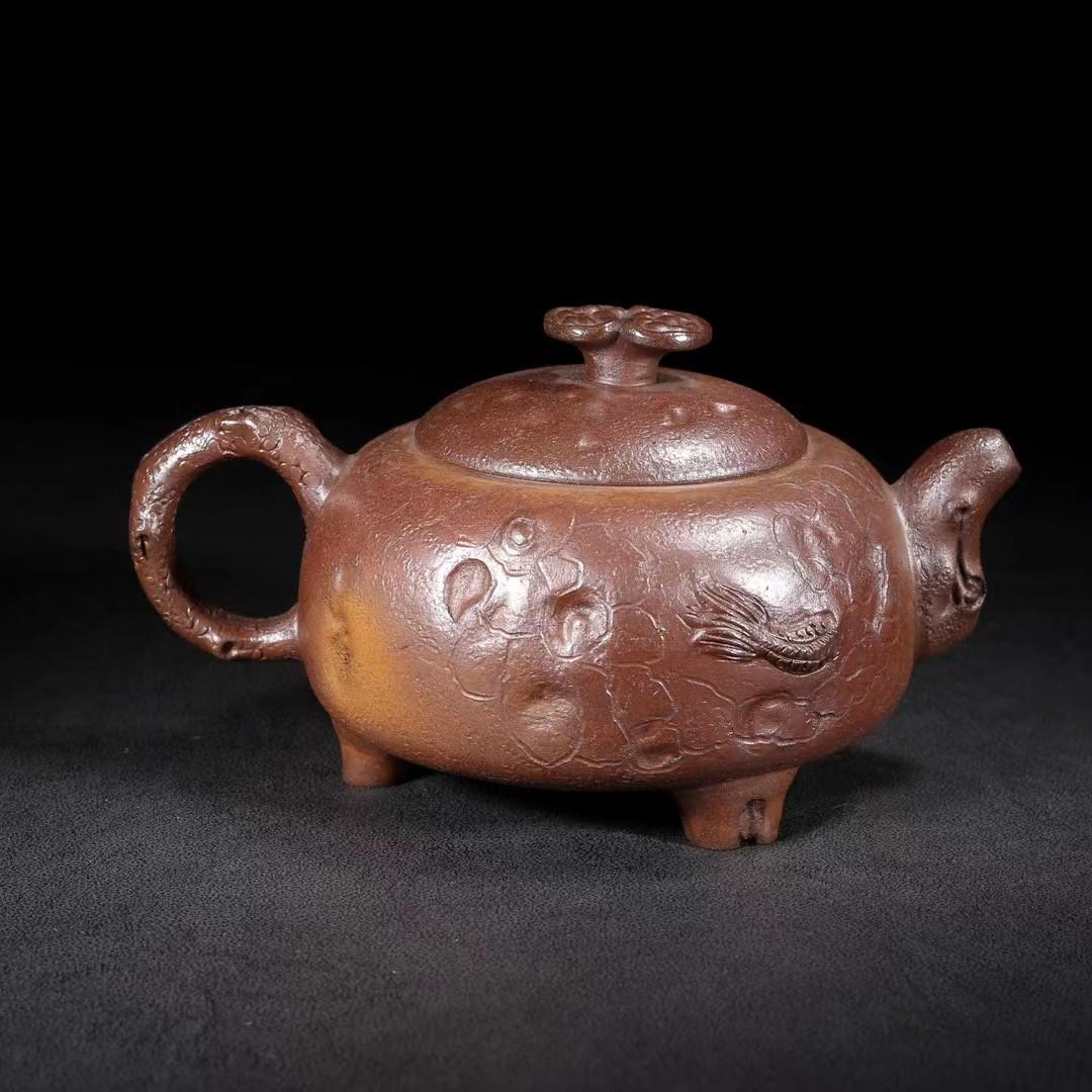 中国古美術・原礦底槽清・燕亭製陶紋・供春（高温窑变）紫砂壺・紫泥急須・茶壺・賞物