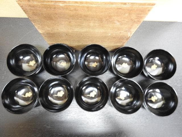 長野横笛　黒地鶴蒔絵　吸物椀10客　共箱有　MA388