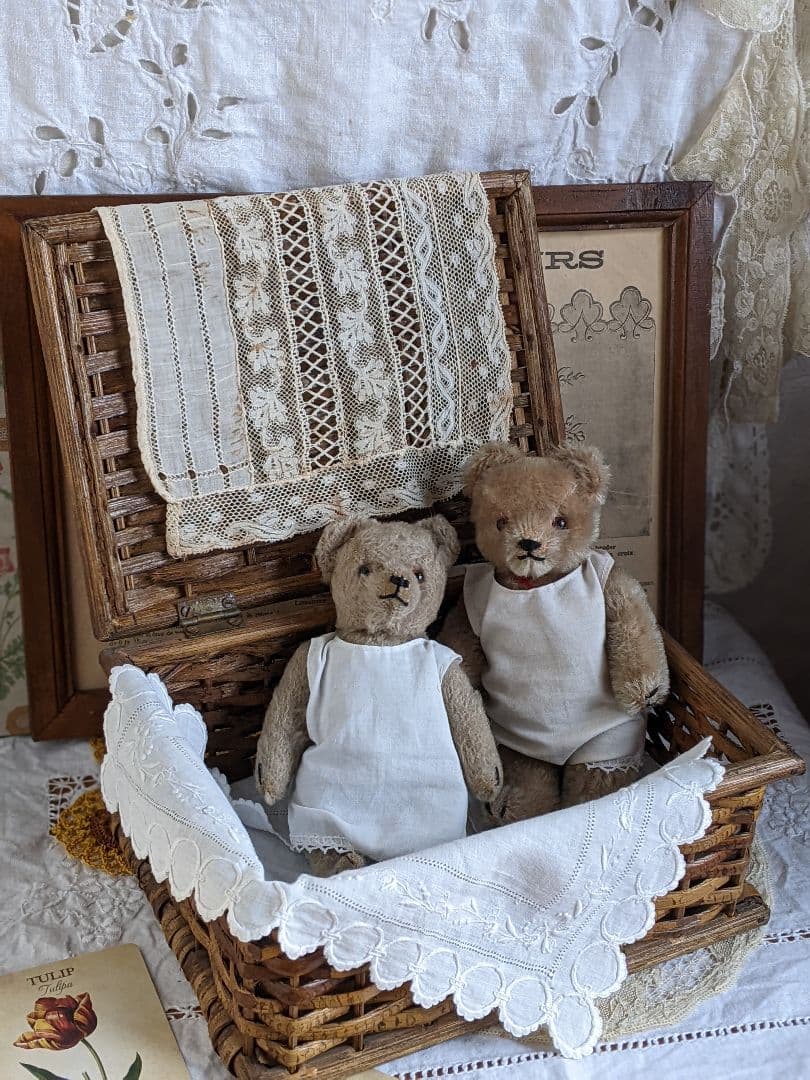 【w】フランスアンティークヴィンテージバスケット２点セット　ドール用バスケット