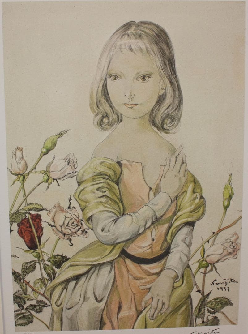 藤田嗣治 エスタンプリトグラフ バラと少女 150部限定 4/150