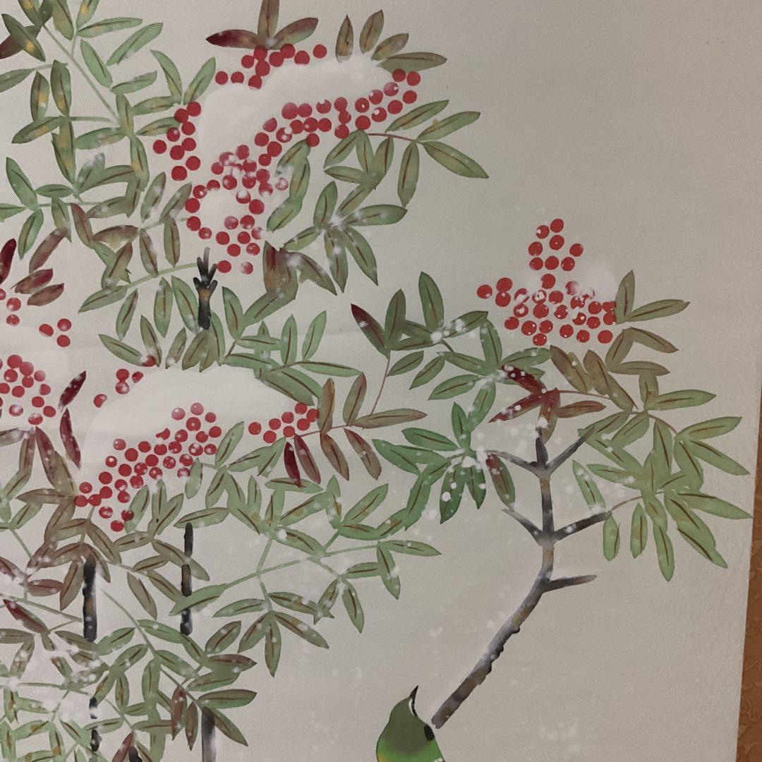 彩色画 絹本 【題目】南天に小禽図 昇華筆 肉筆画