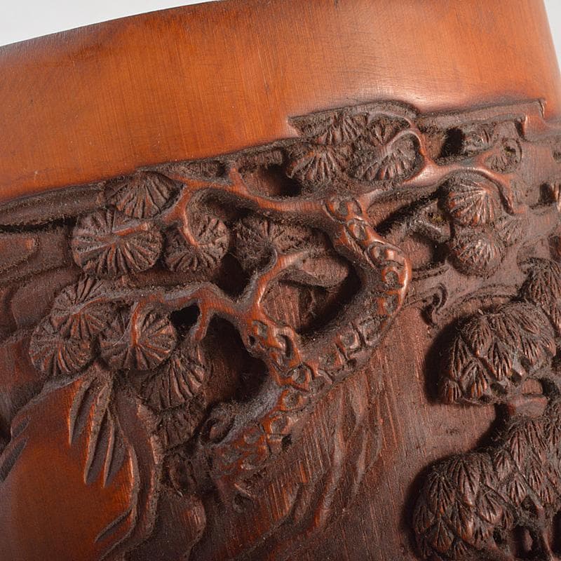 中国　乾隆御題　古竹彫刻　漢詩山水人物雕　筆筒　C　R7140E