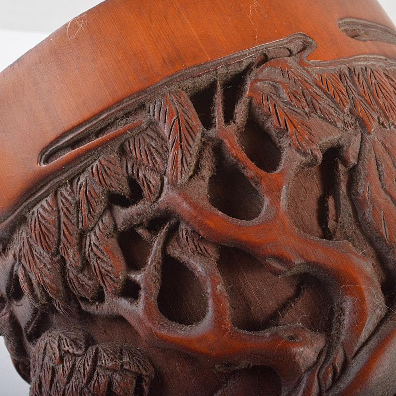 中国　乾隆御題　古竹彫刻　漢詩山水人物雕　筆筒　C　R7140E