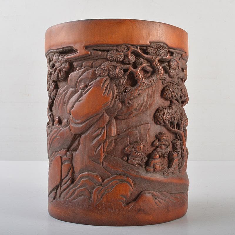 中国　乾隆御題　古竹彫刻　漢詩山水人物雕　筆筒　C　R7140E