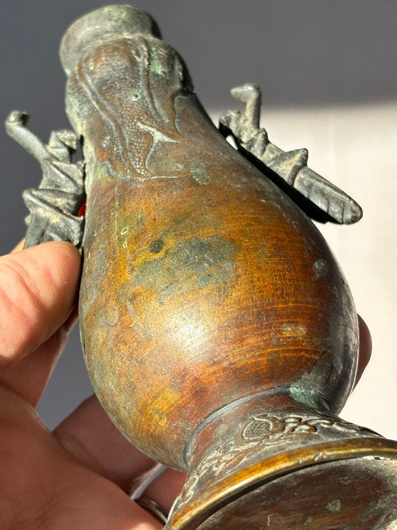 古銅 蟷螂双耳銅花瓶 14cm 紫斑銅