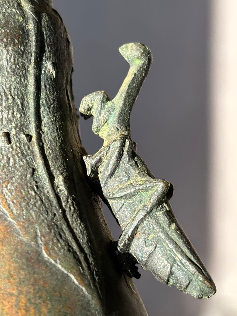 古銅 蟷螂双耳銅花瓶 14cm 紫斑銅